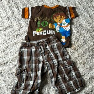 3T boys cargo shorts with adjustable waist plaid brown, nickelodeon, Dora shirt